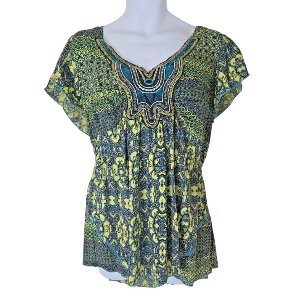 One World Popover Top 3X Green Paisley Ruffled Flutter Sleeve Art Boho Festival